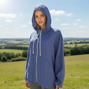FLAX Lithuanian Linen Women Hoodie Jacket sz M Blue Full Zip Lagenlook BOHO NEW